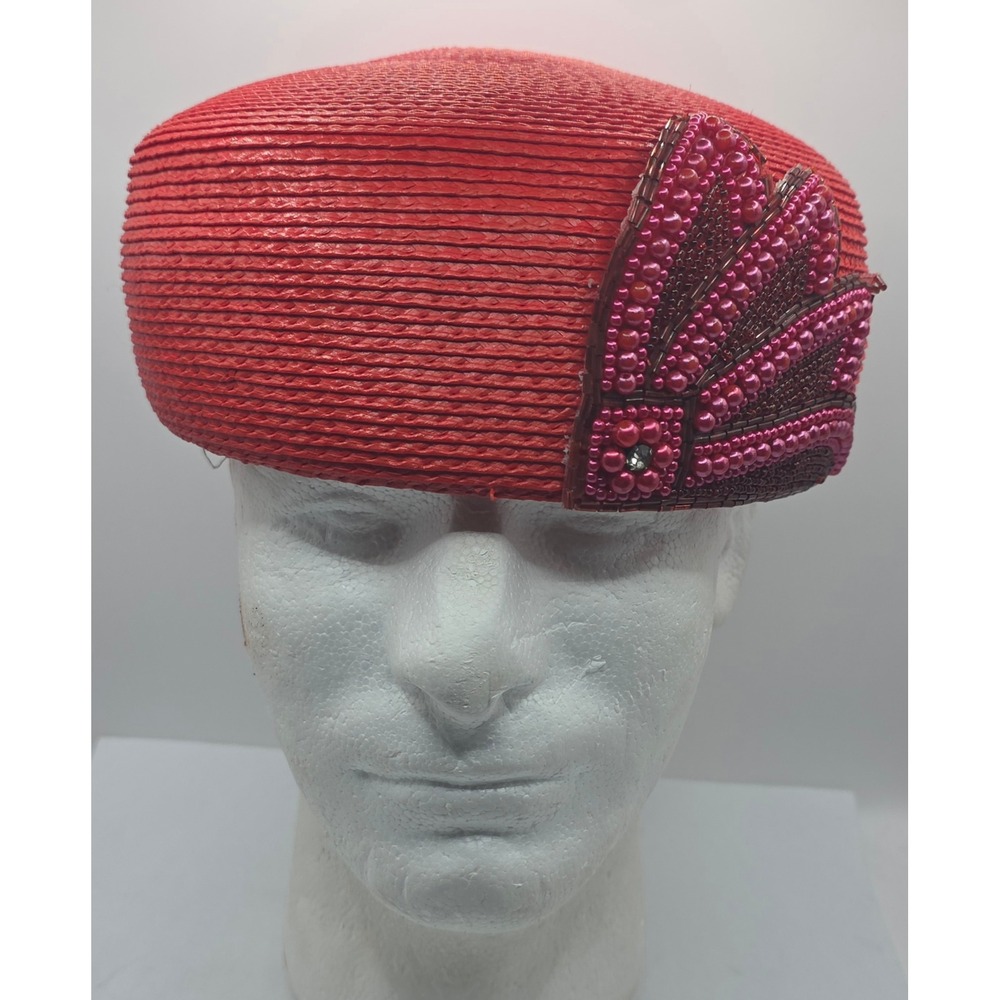 Mr. John Signature Series Red Straw Pillbox Hat Beaded Vintage Women OSs